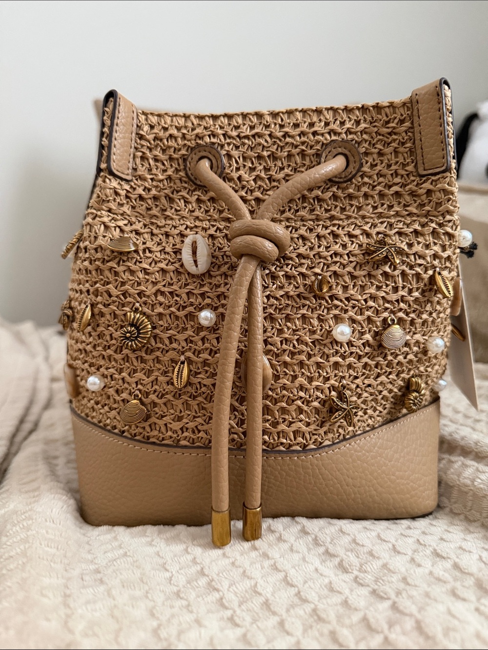Steve Madden Rattan Beaded Shell Bucket Bag
